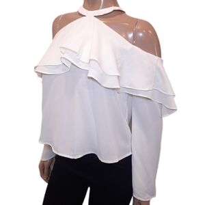 New Buffalo Cold Shoulder Halter Top Ruffled Layered Flounce Sheer Ivory White